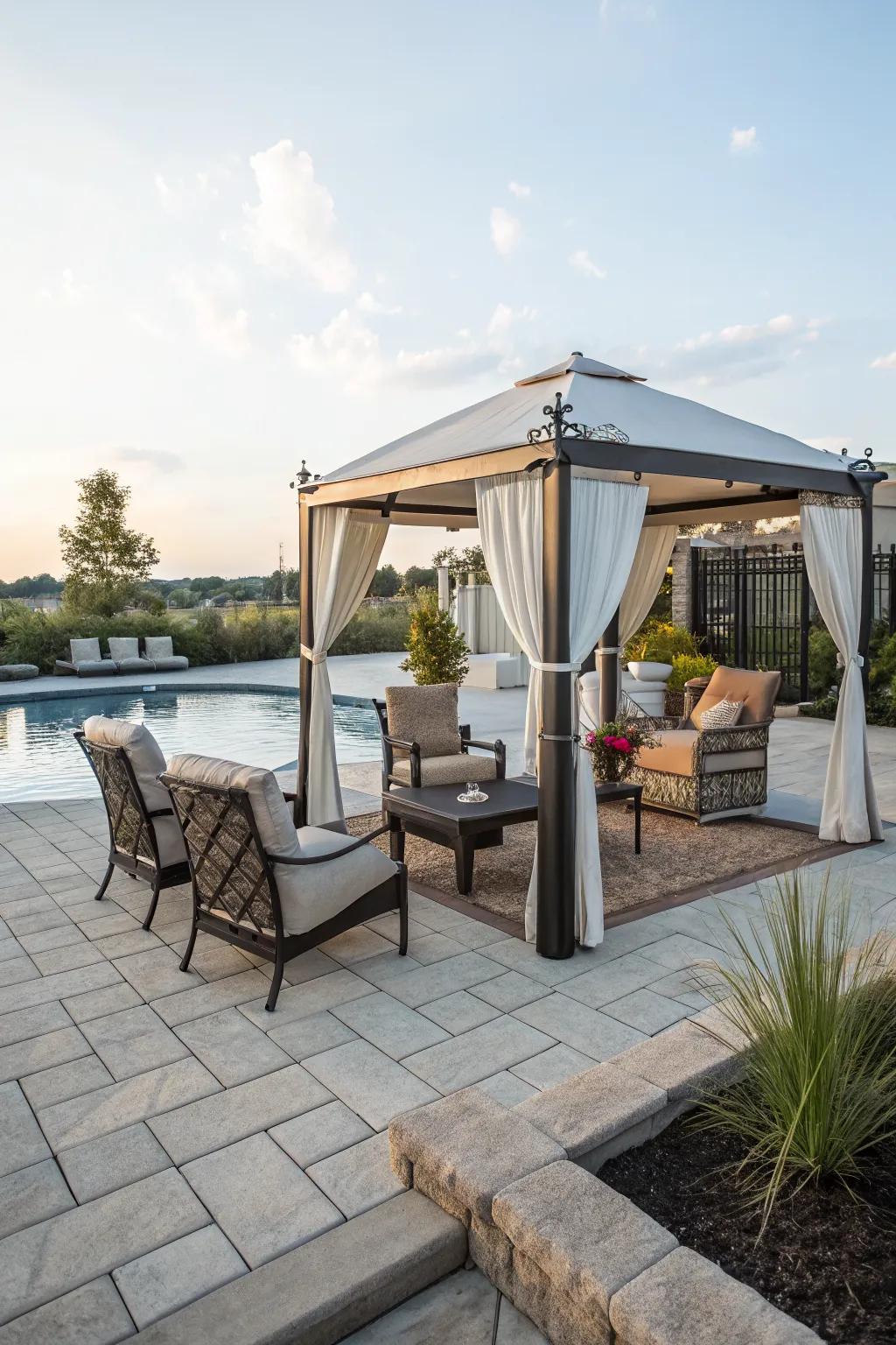 Comfortable lounging area with stylish stamped concrete flooring.