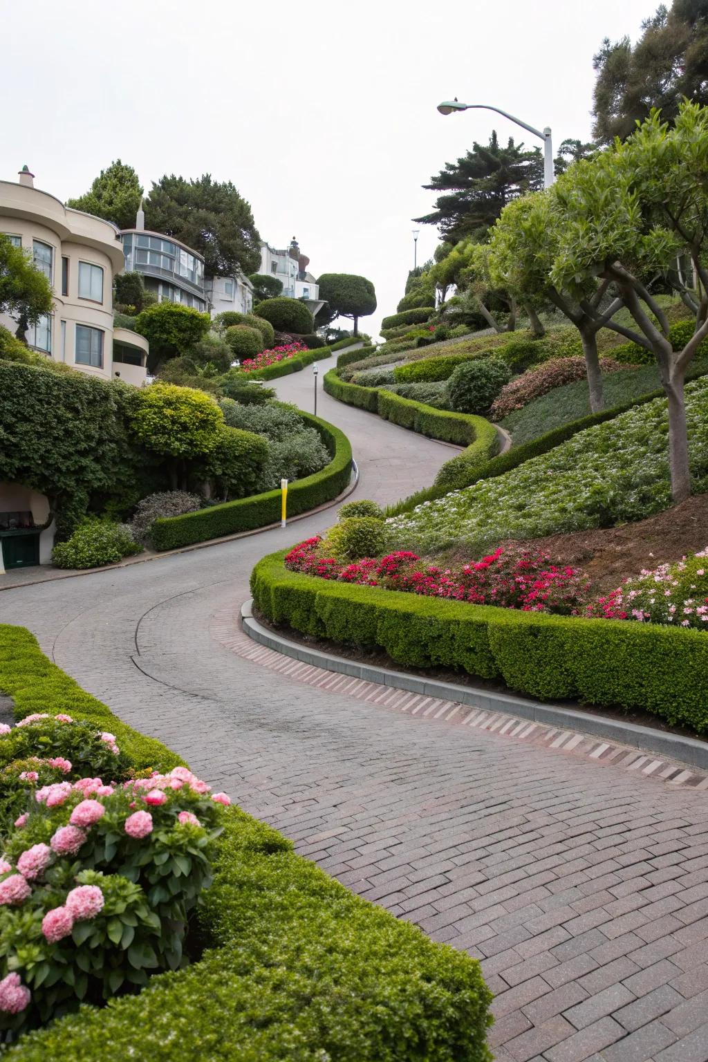 Curved driveways create a harmonious and elegant entrance.