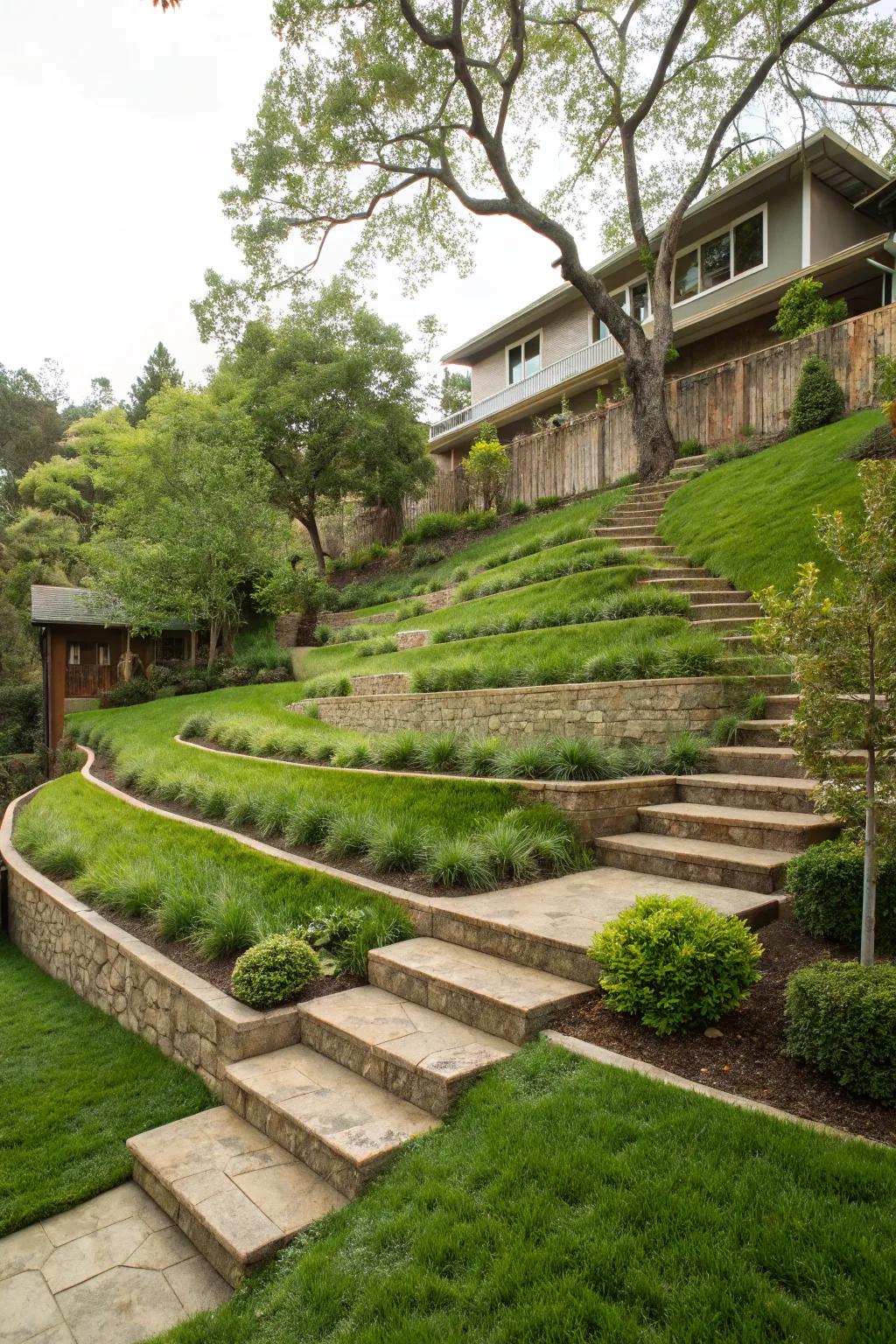 Grassy terraces creating a lush, inviting landscape on a slope.