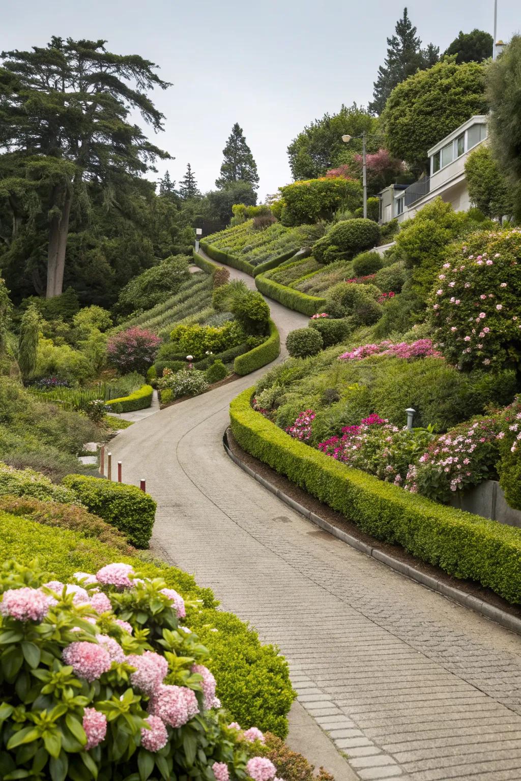 Integrating plants can soften the look of a steep driveway.