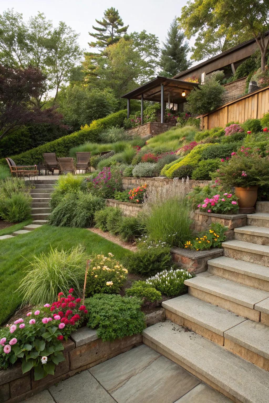 Lush planting transforms terraces into garden paradises.