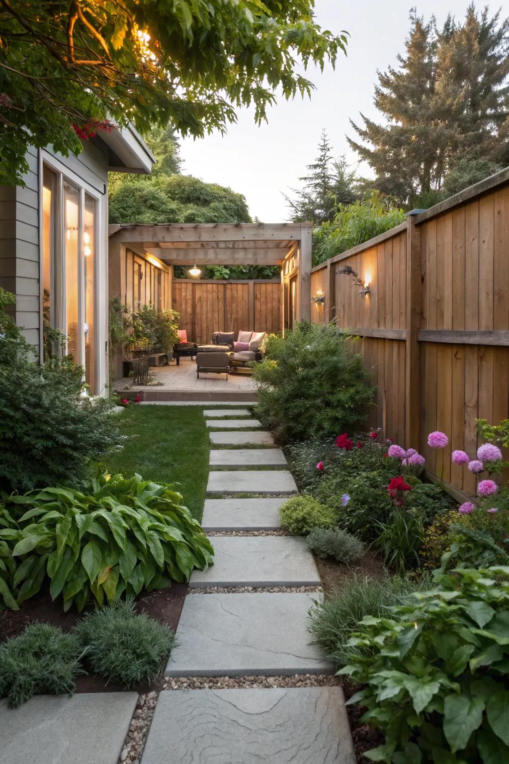 A seamless transition from patio to garden with stepping stones.