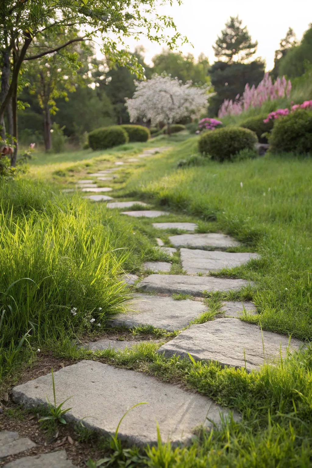 Stepping stones with grass in between, blending beautifully into the garden