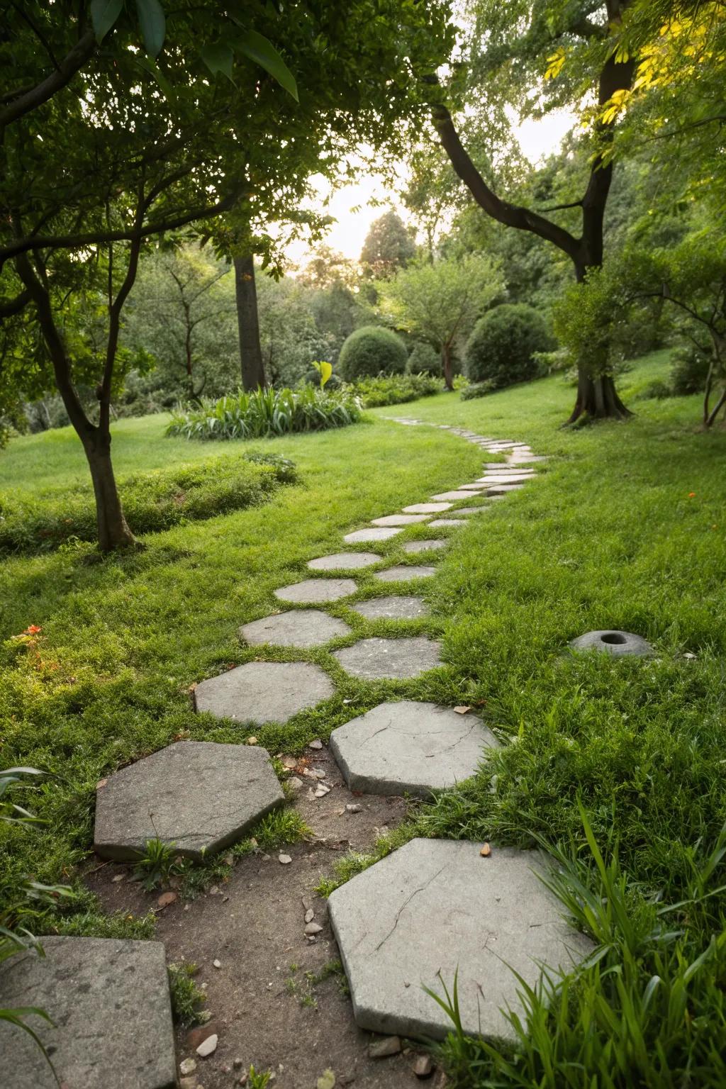 Hexagonal stones creating a modern geometric garden path.
