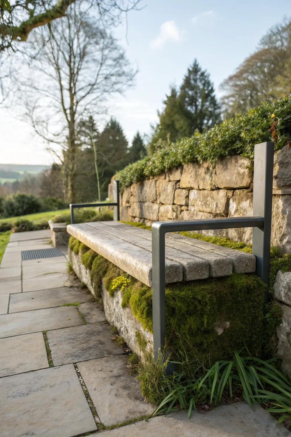 A bold mix of rustic and modern styles makes this stone bench a standout piece.