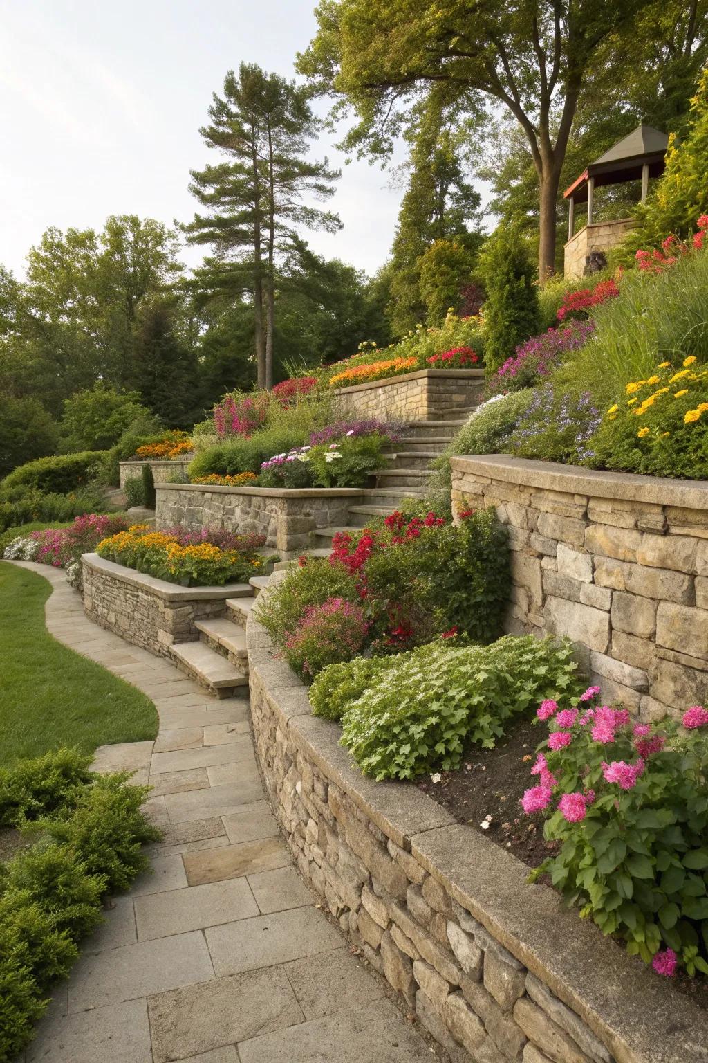 Stone structures like retaining walls add depth and texture.