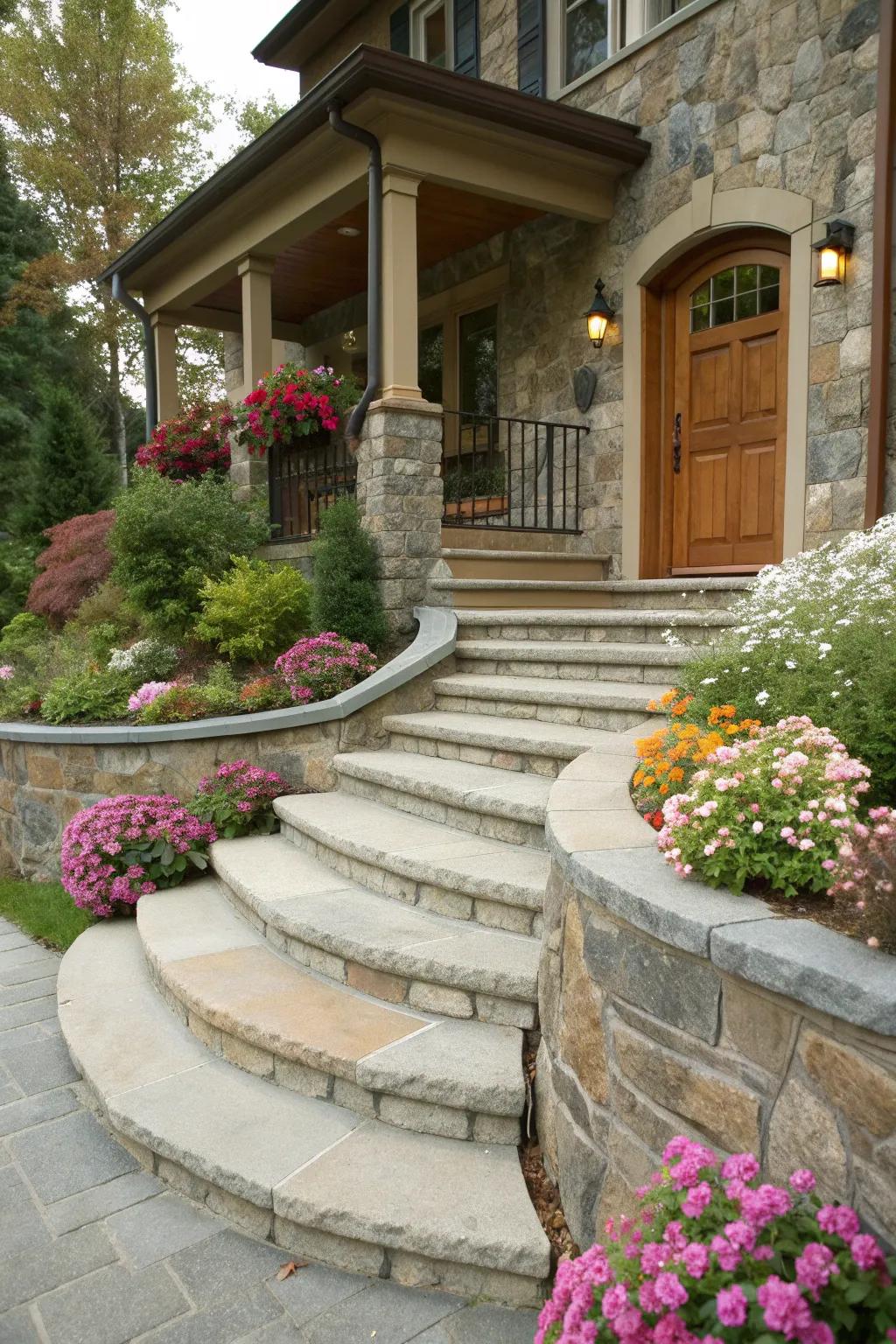 Curved stone steps creating a flowing entrance.