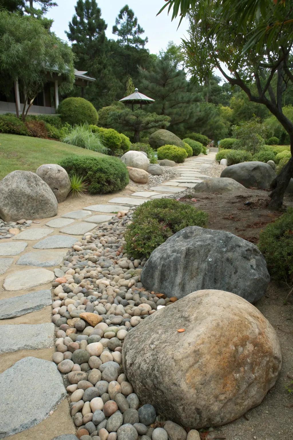 A captivating mix of stone textures adding depth to the garden.