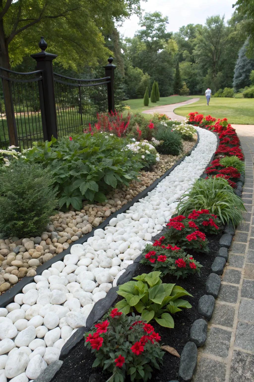 Striking contrast with colored stone edging.