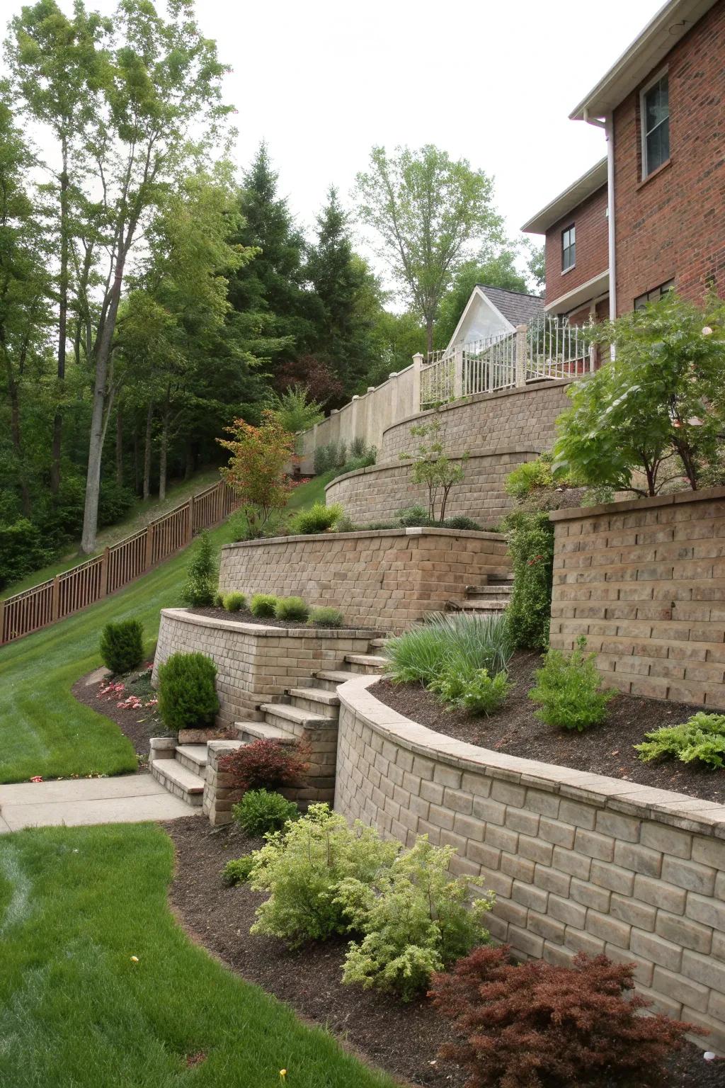Retaining walls of varied heights create dynamic visual interest.