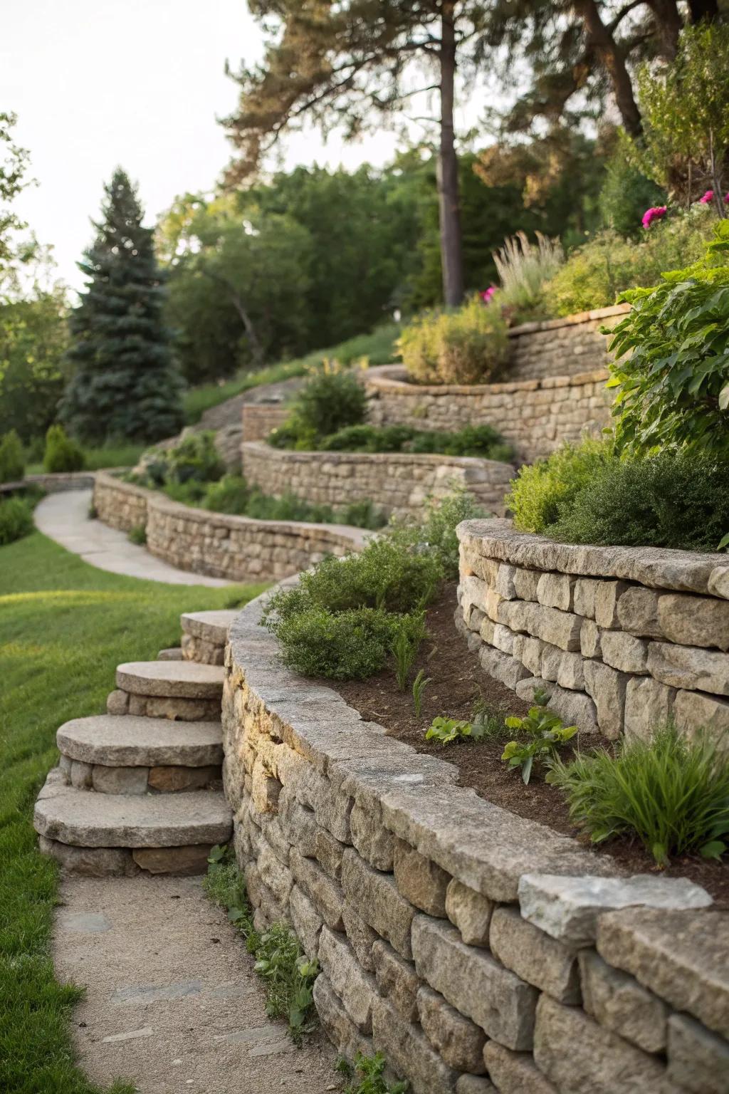 Layered stone walls adding depth to the landscape.