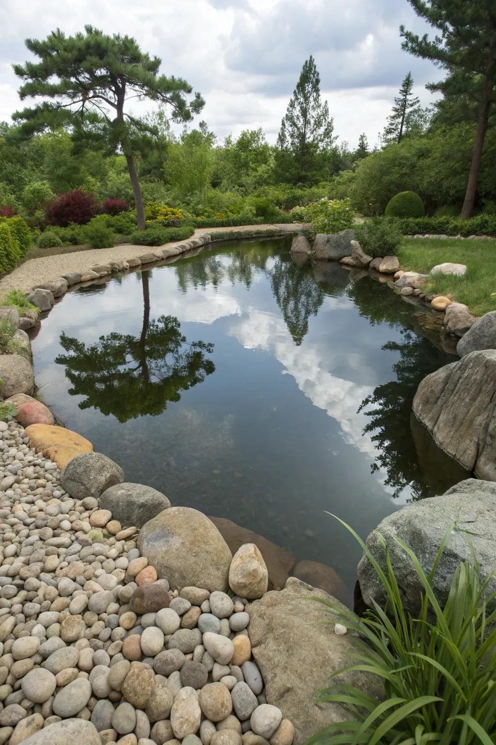 Pebbles and rocks create a visually interesting garden border.