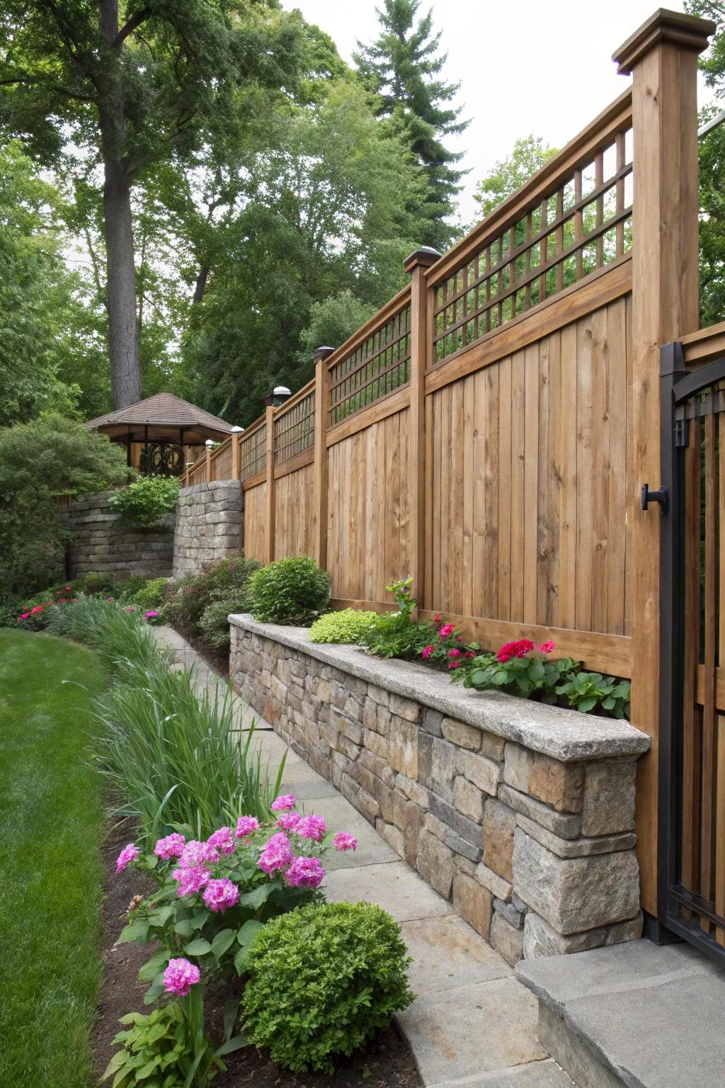 Ultimate privacy with tall wooden panels and stone.