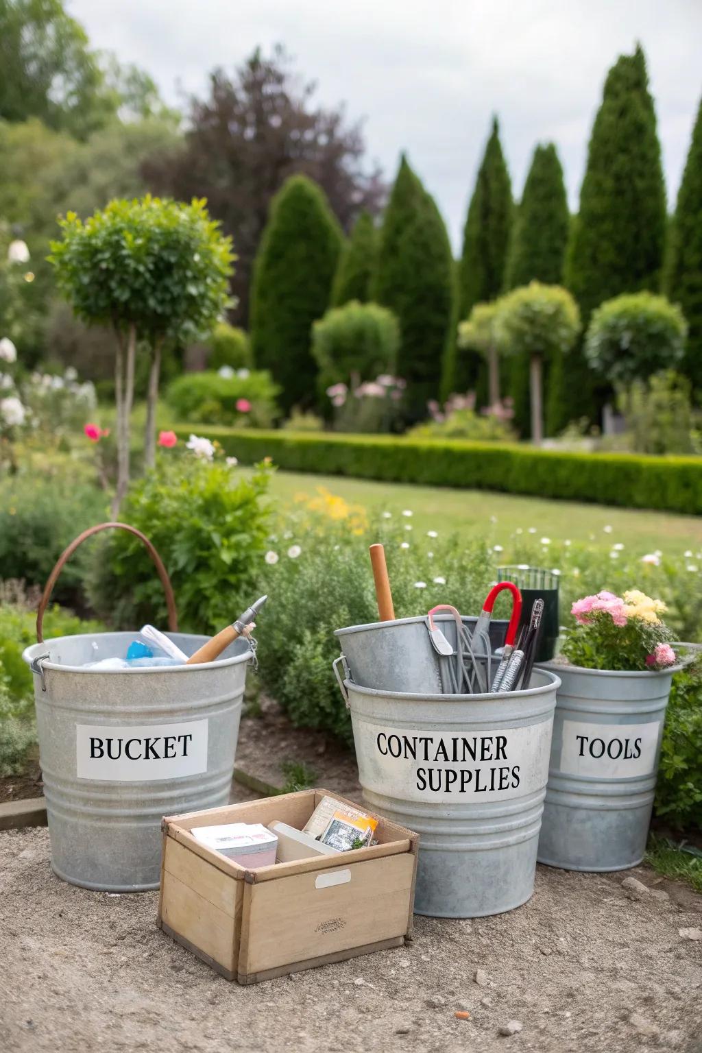 Keep small tools organized with labeled buckets and containers.