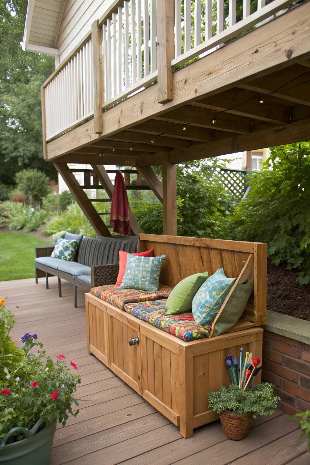 A garden storage bench under the deck provides both seating and smart storage.