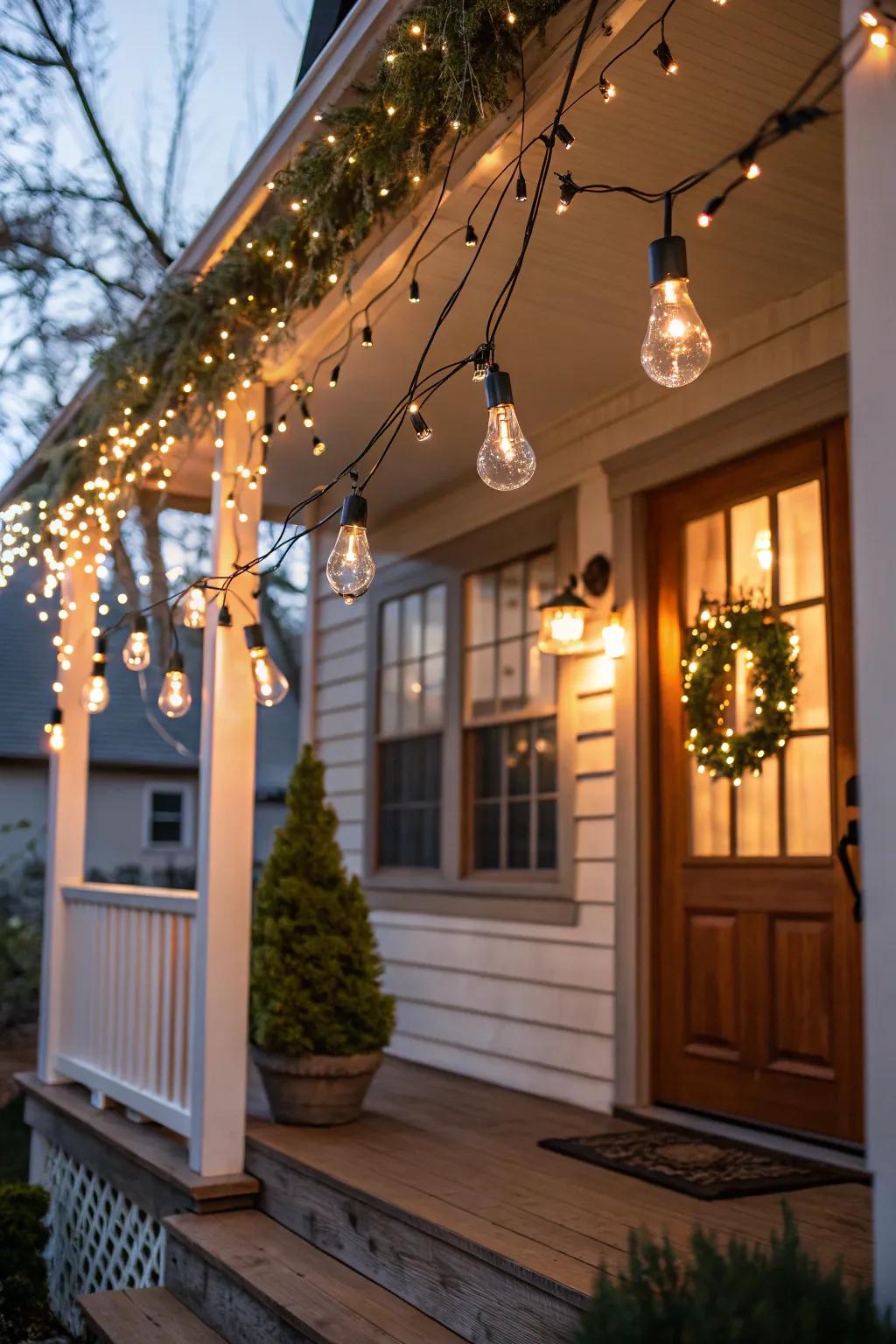 A front porch featuring a creative mix of string light styles.
