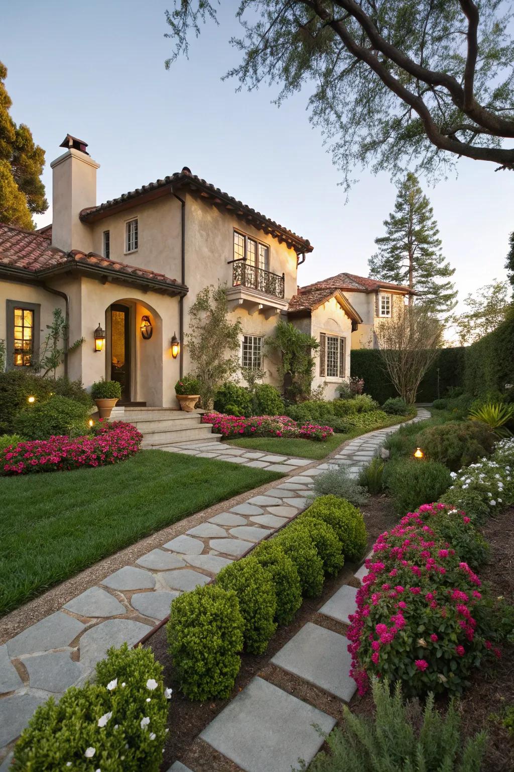 Stucco house with lush landscaping.