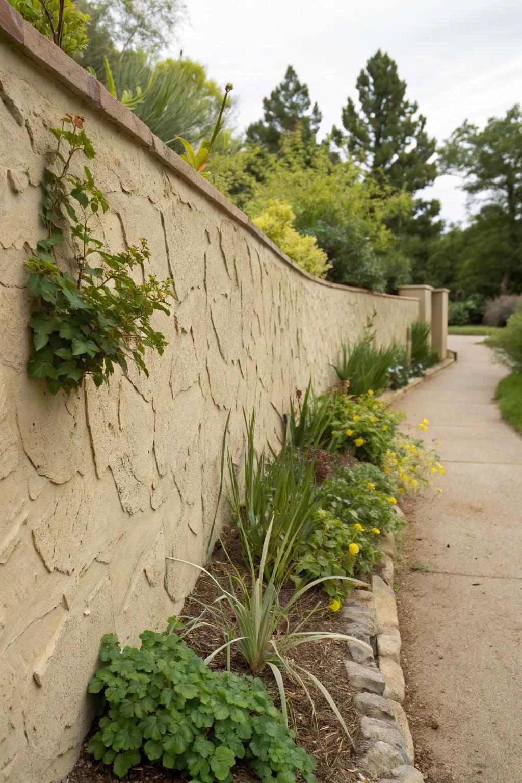 Textured stucco walls provide a striking visual contrast.
