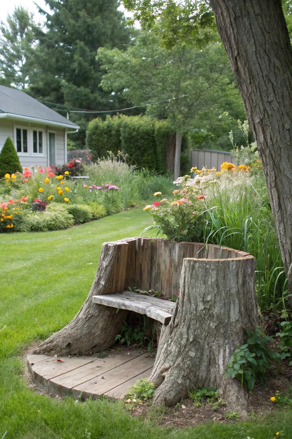 Combine utility and style with a stump bench that doubles as storage.