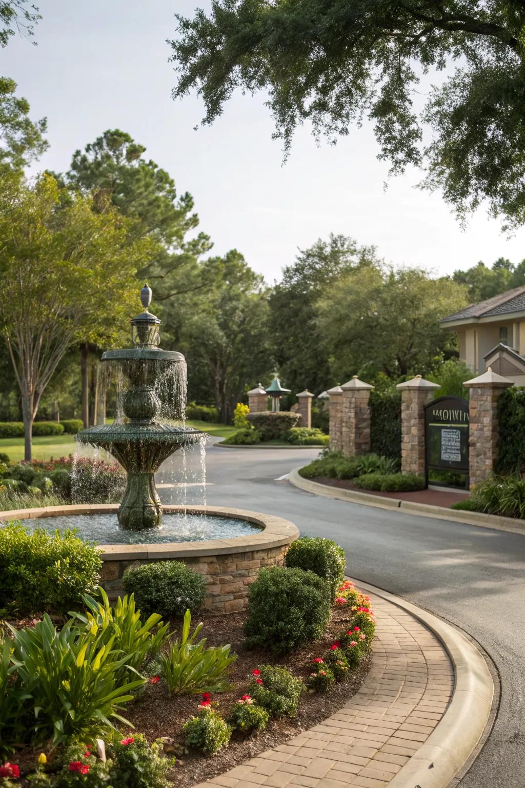 A water feature adds tranquility and elegance to the entrance.