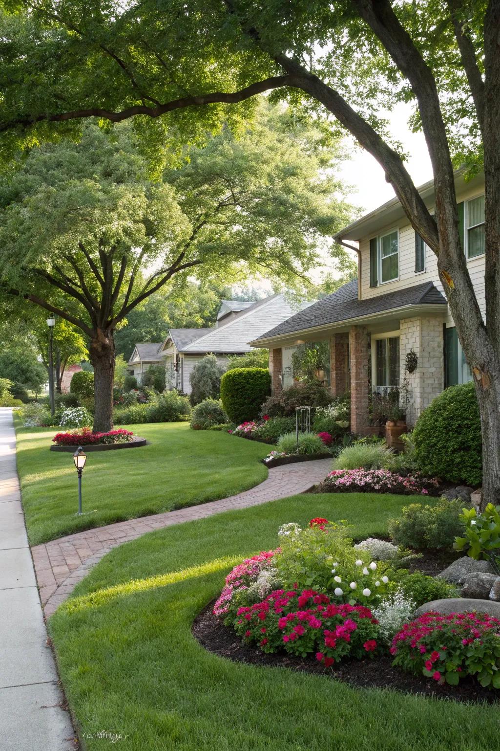 Ornamental trees offer both beauty and shade in this inviting front yard.