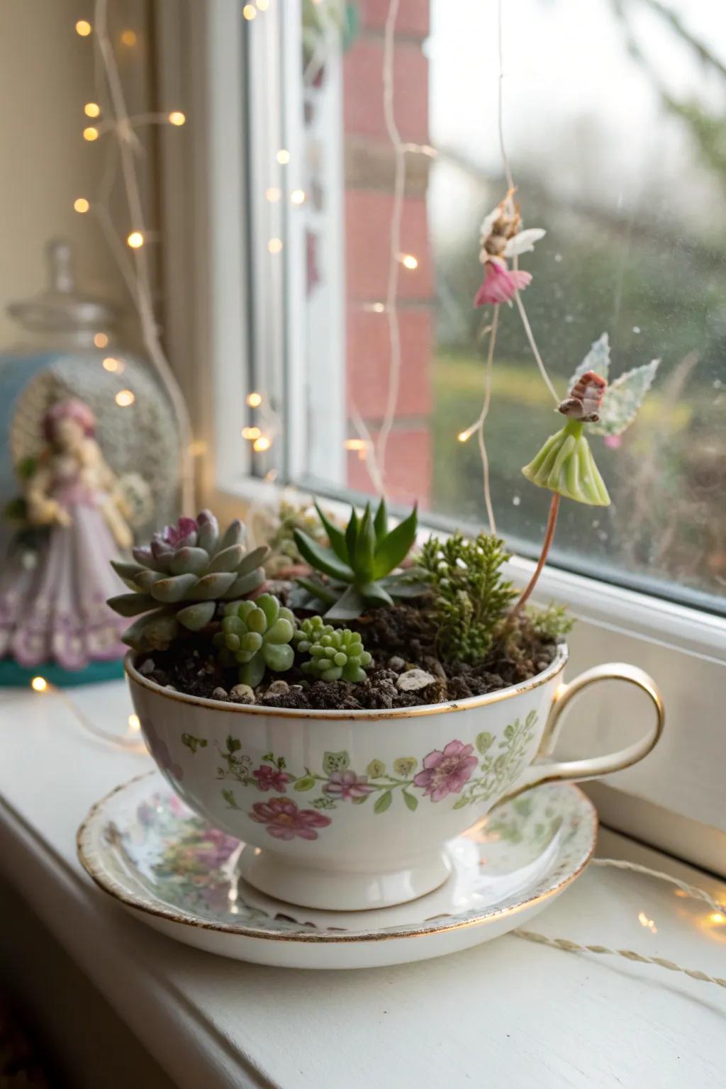 A teacup fairy garden makes for a charming and whimsical display.