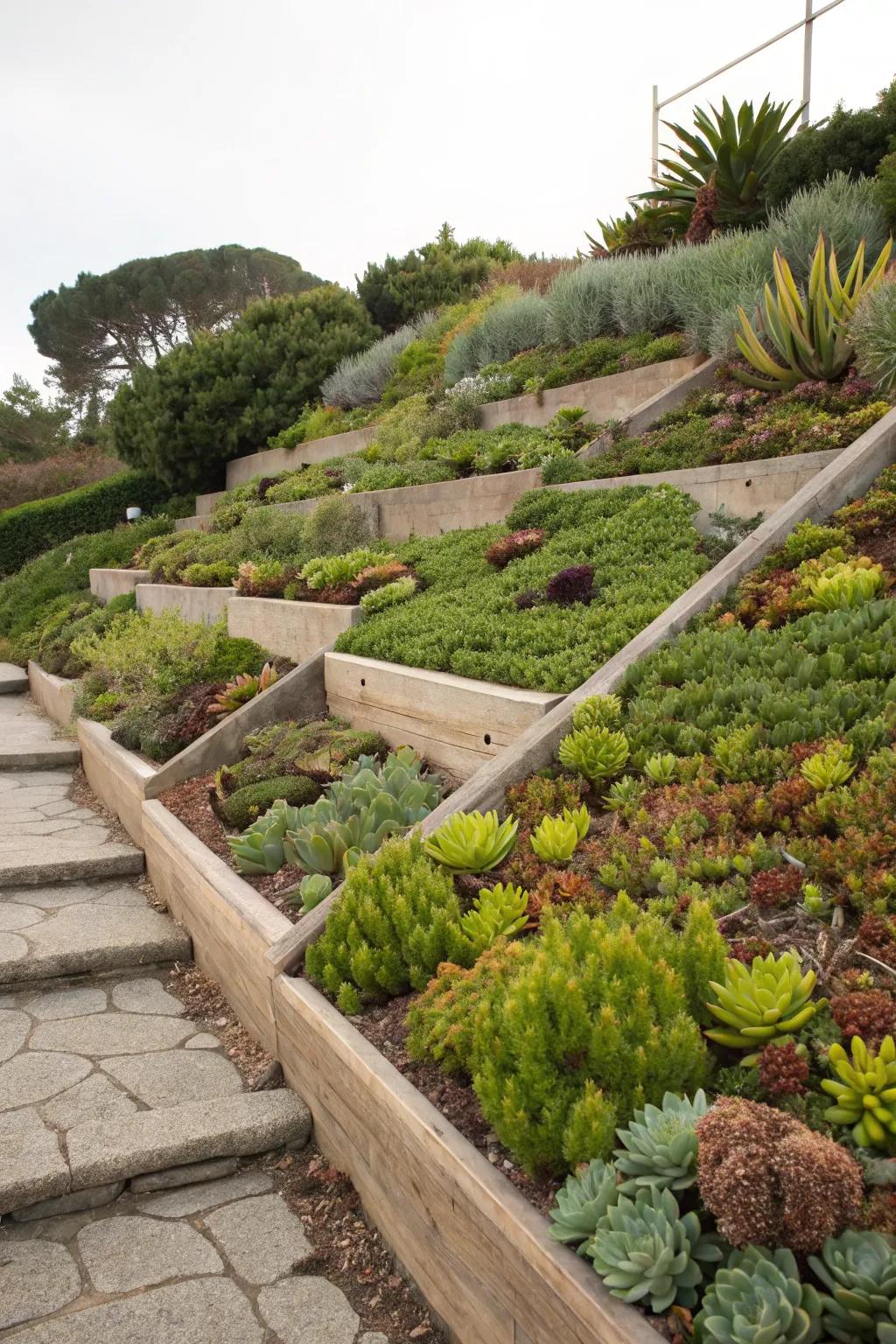 Tiered landscape filled with succulents for dynamic appeal