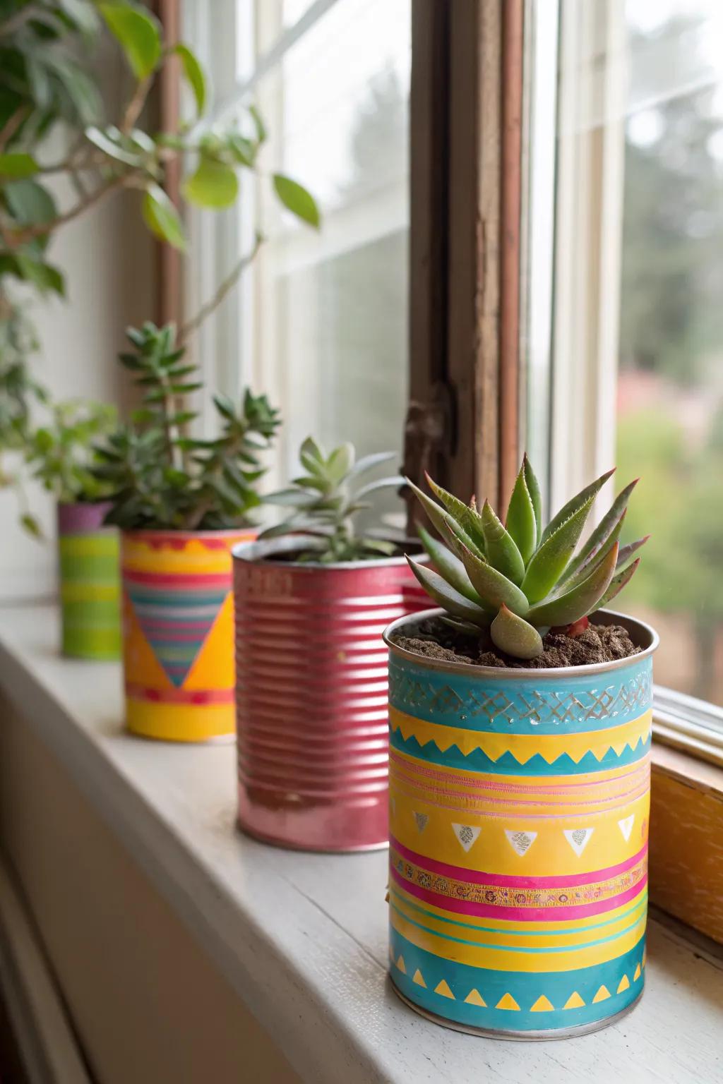 Recycled tin cans bring a splash of color to your succulents