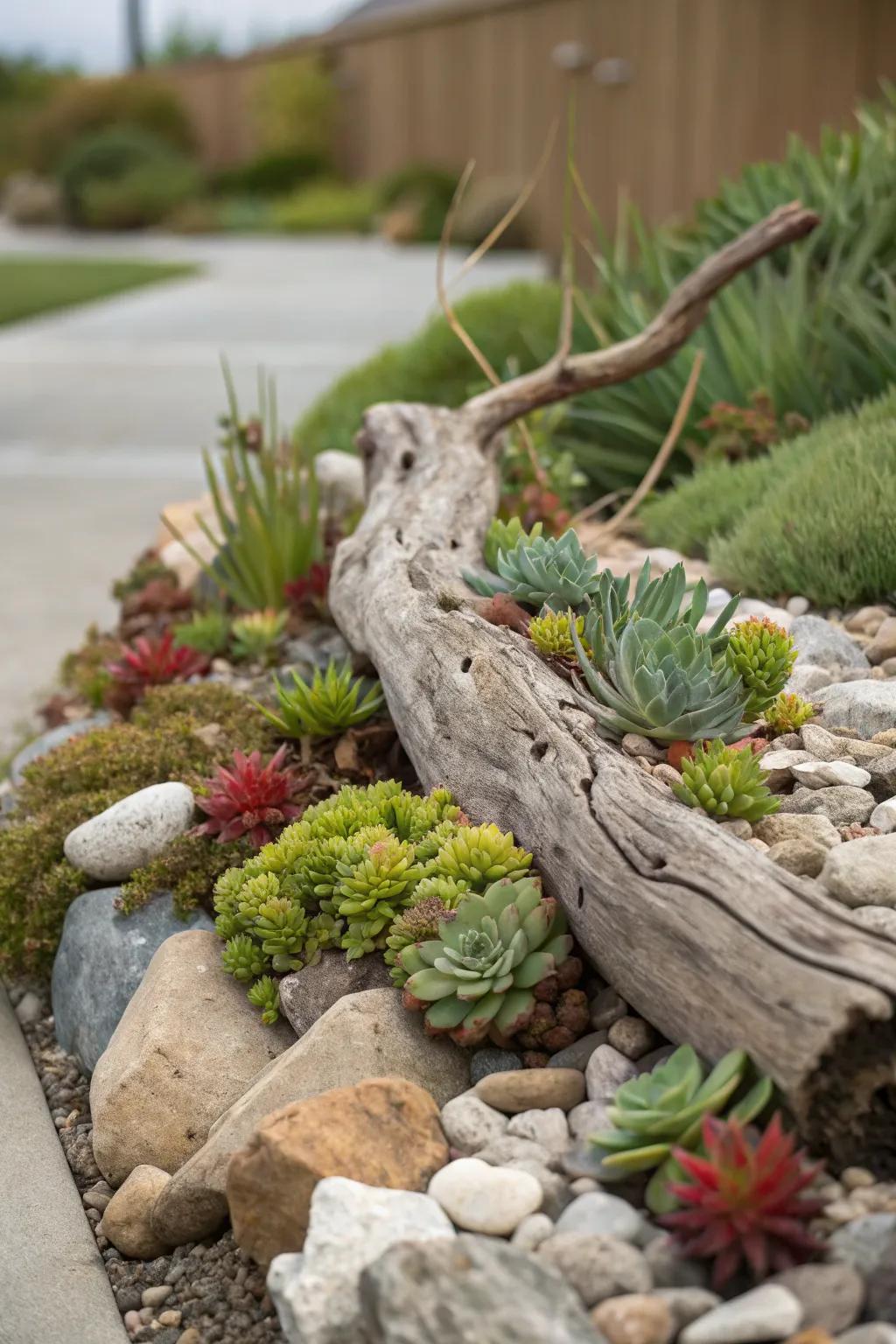 Driftwood adds an artistic element to the natural setting.