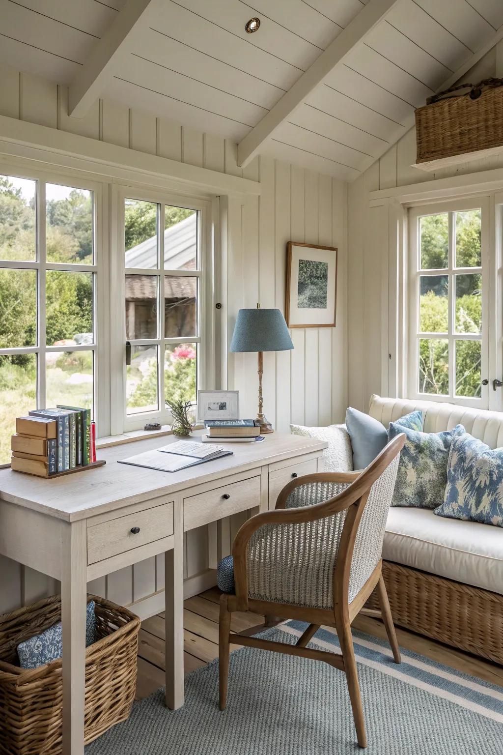 A versatile summer house interior ready for work or relaxation.