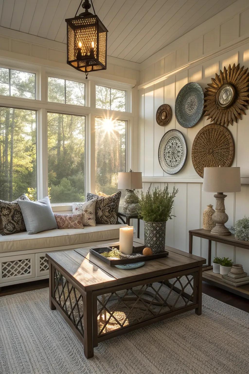 Decorative elements personalize the sun porch.