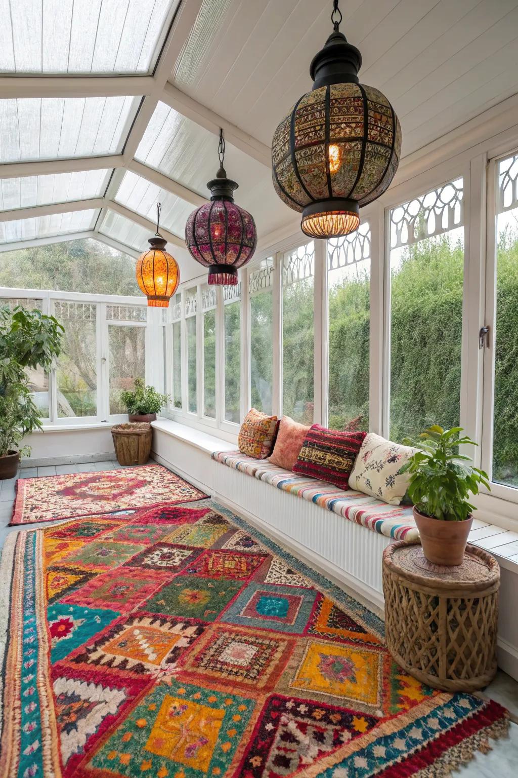 Stylish decor enhances the beauty and comfort of the sunroom.