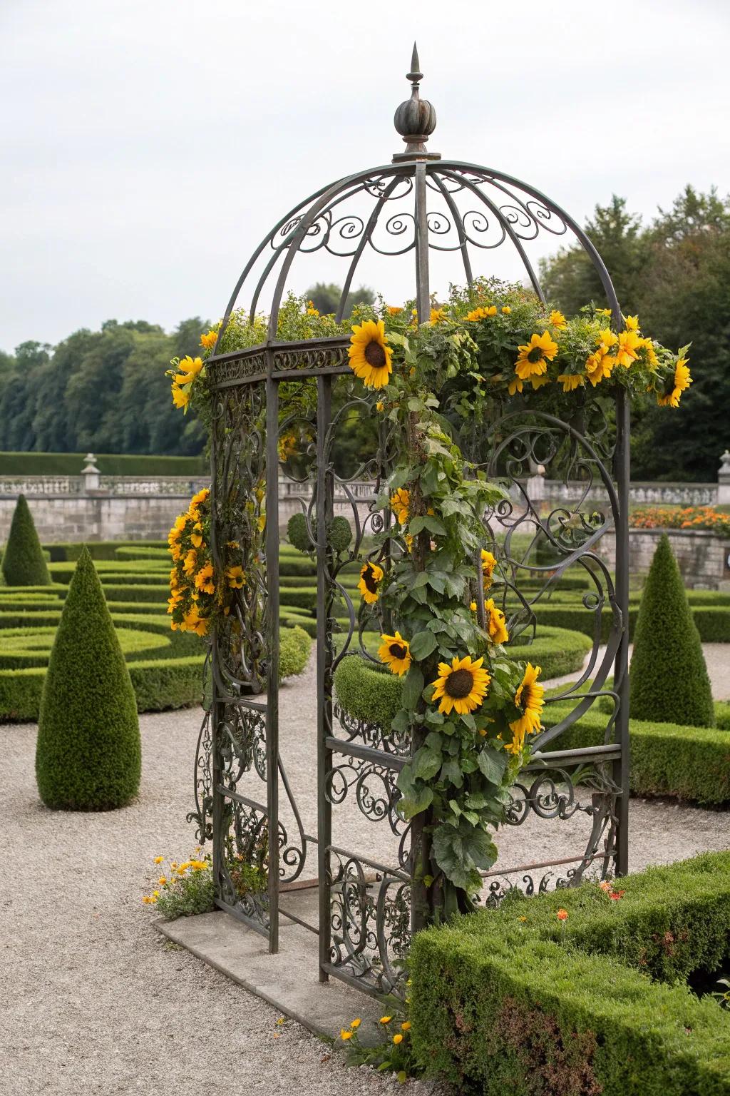 Classic elegance with a wrought iron trellis supporting sunflowers.