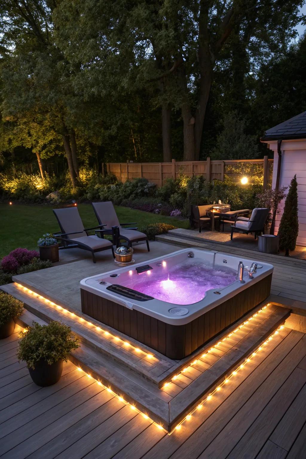 A sunken hot tub deck illuminated with elegant mood lighting.