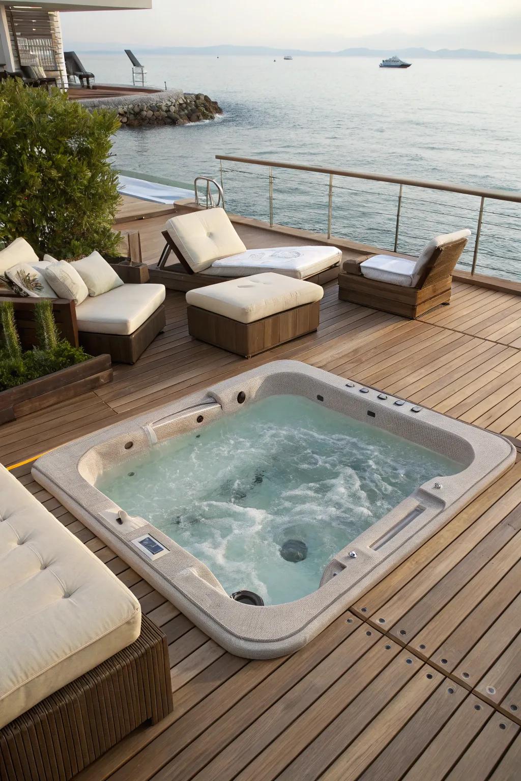A cozy lounge area complements the sunken hot tub.