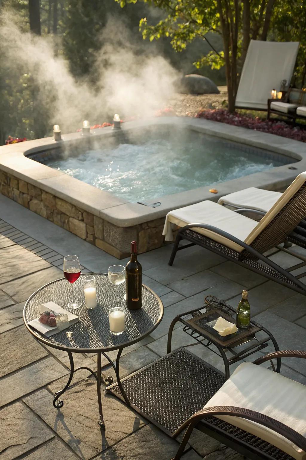 A nearby lounge area enhances the relaxation experience of your hot tub.