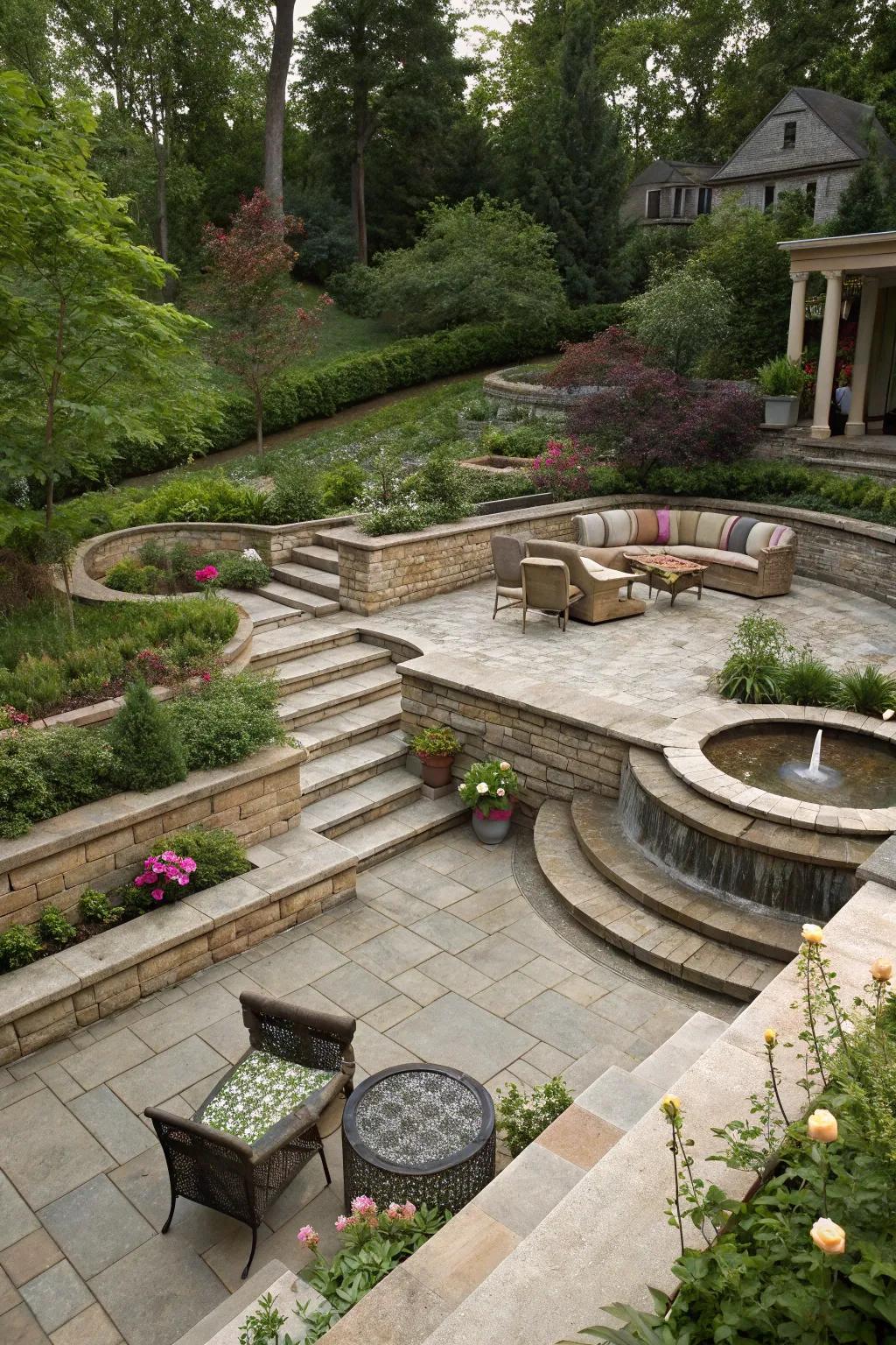 Terraced steps add layers of interest to this inviting sunken patio.