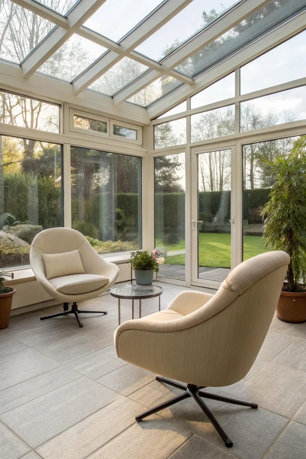 Minimalist chairs provide a modern touch to this bright sunroom.