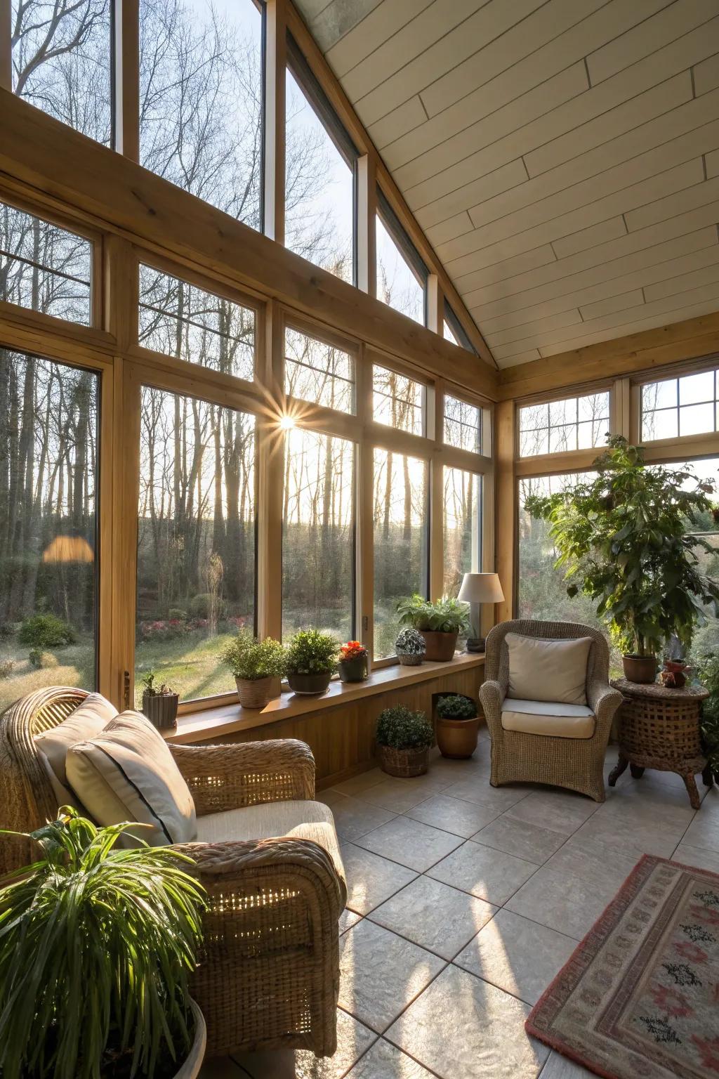 Sunlight streams through large windows, illuminating the sunroom.