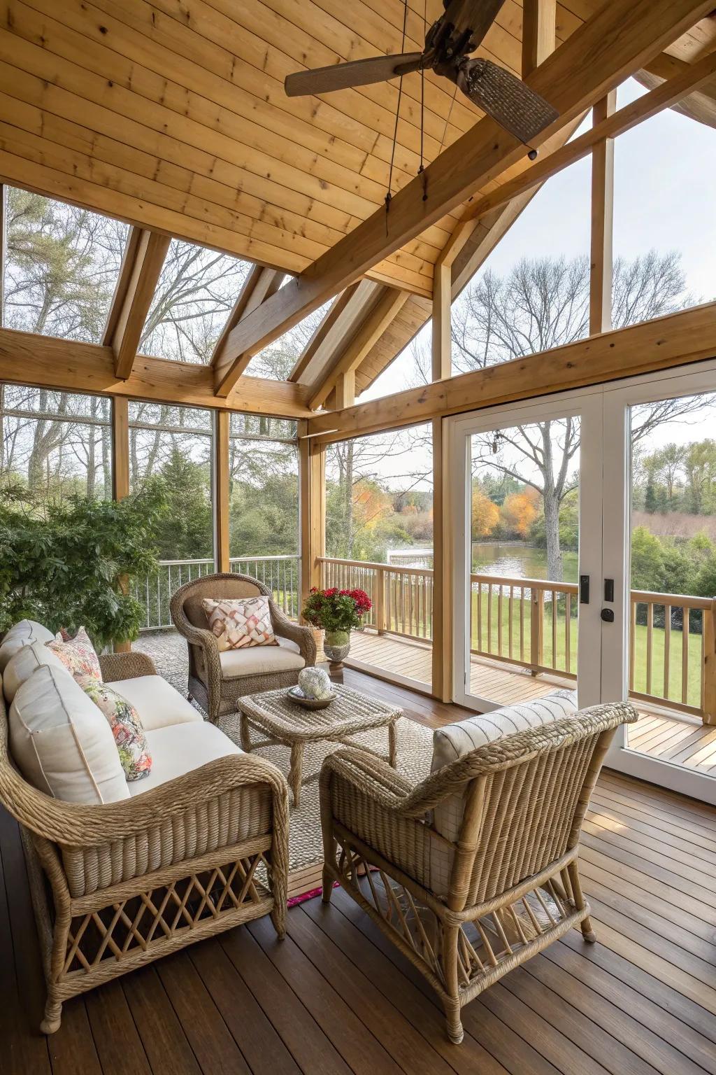 Wood and natural textures create a cozy, inviting sunroom.