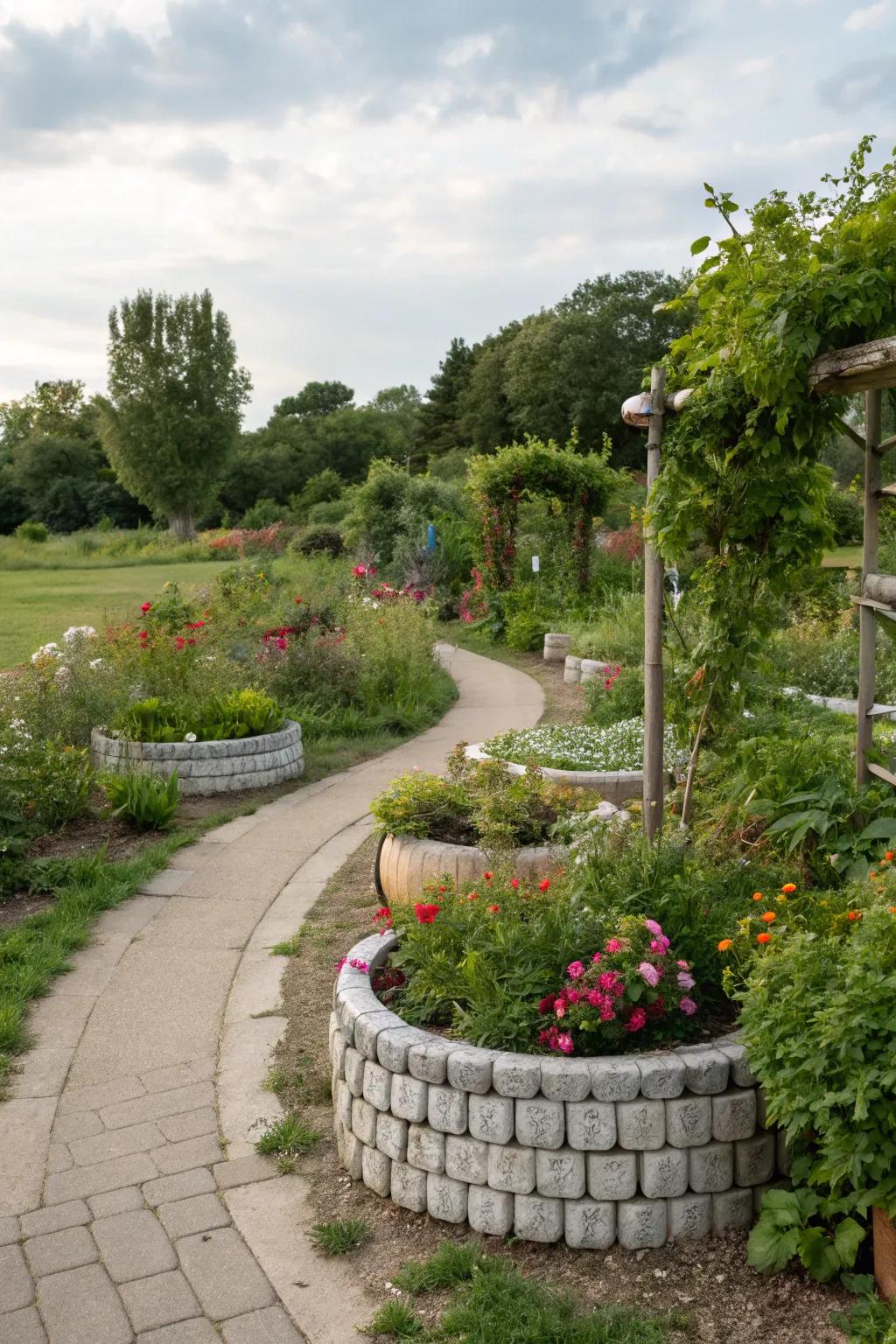 Creative use of recycled materials in garden design.