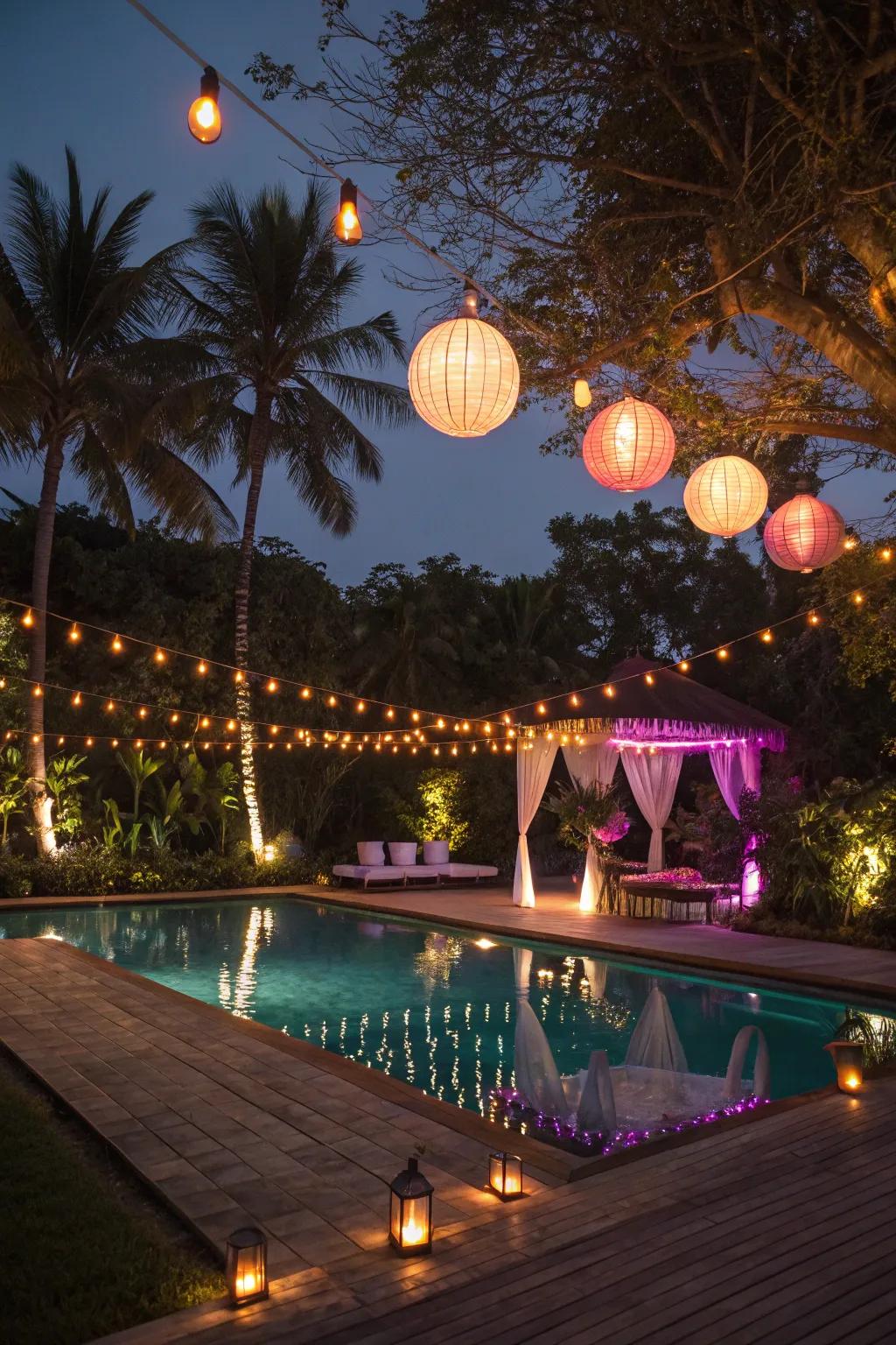 Colorful lighting transforms the poolside into a magical evening venue.