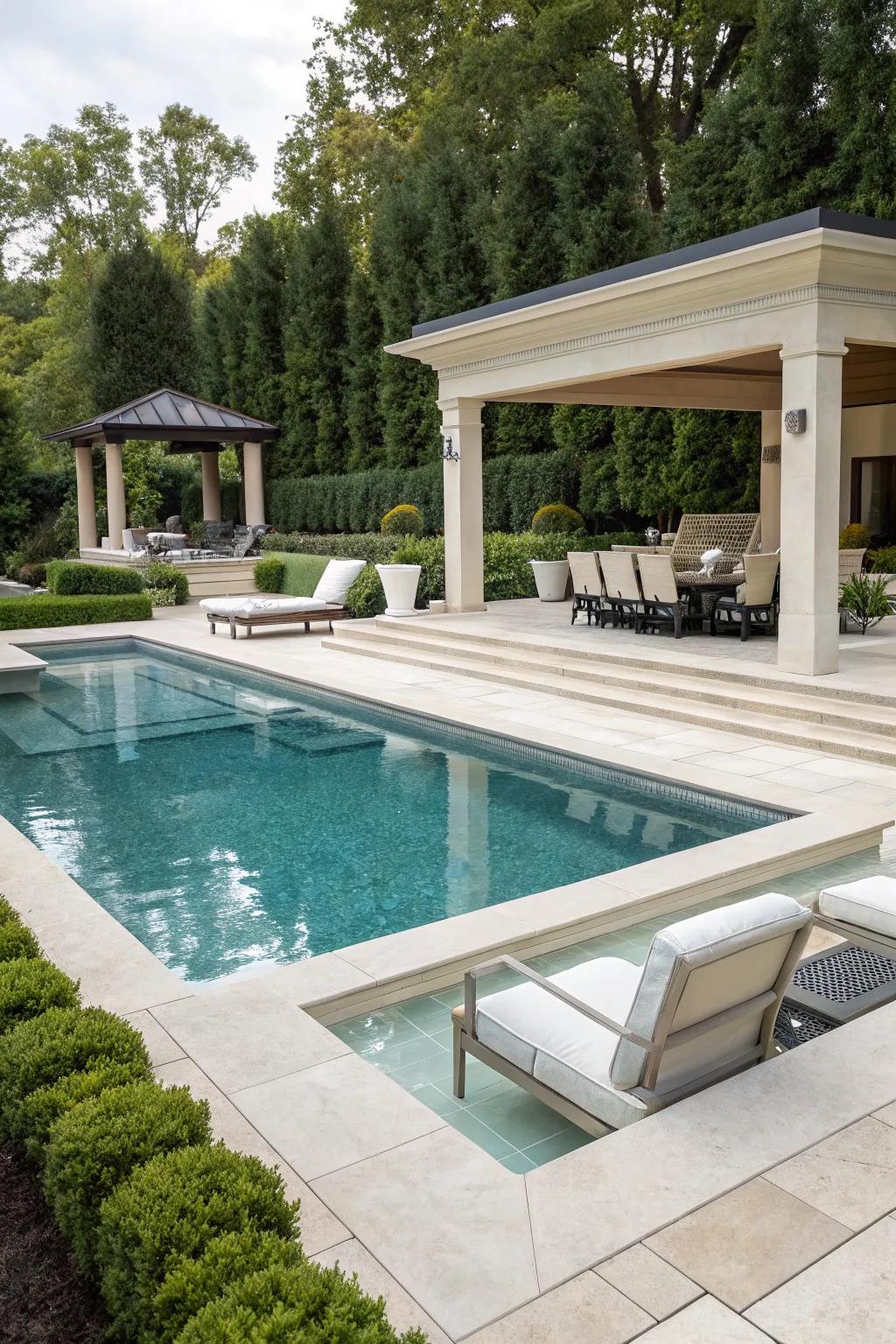 Mitered edge coping for a polished and seamless pool edge.