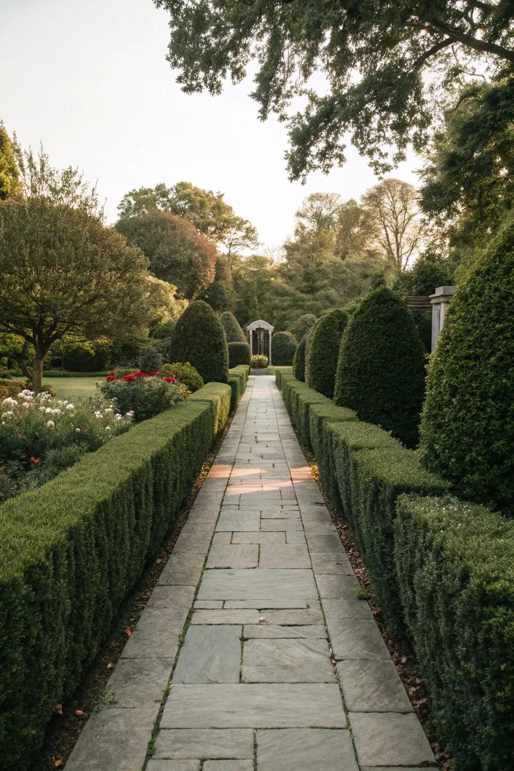 Neat hedges providing symmetry and structure.