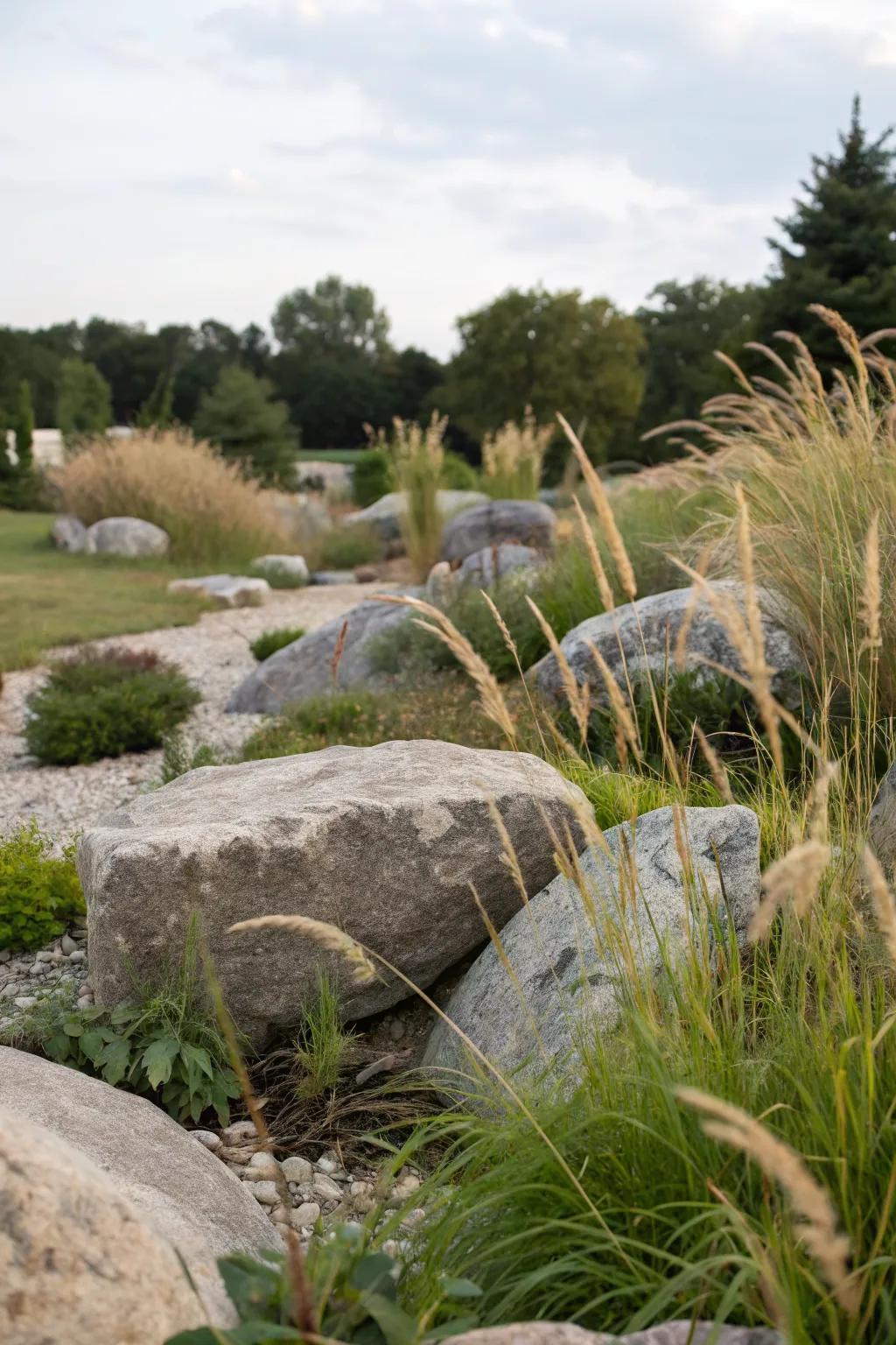 A rock garden where tall grasses add softness and movement.