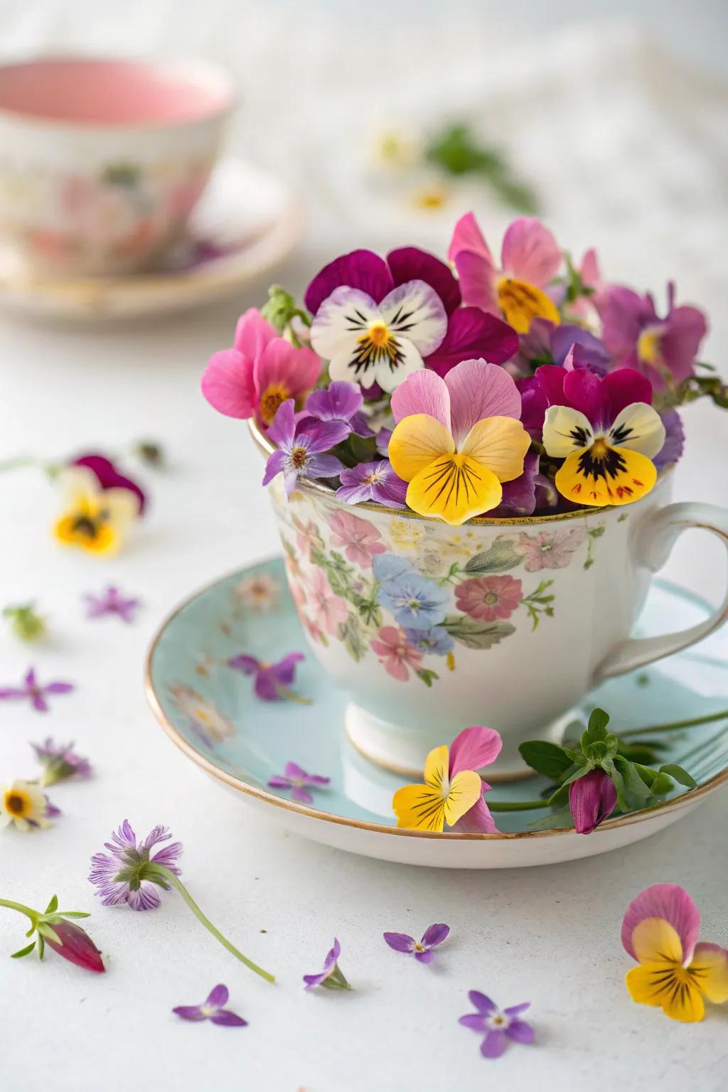 A vibrant floral fantasy in a teacup.