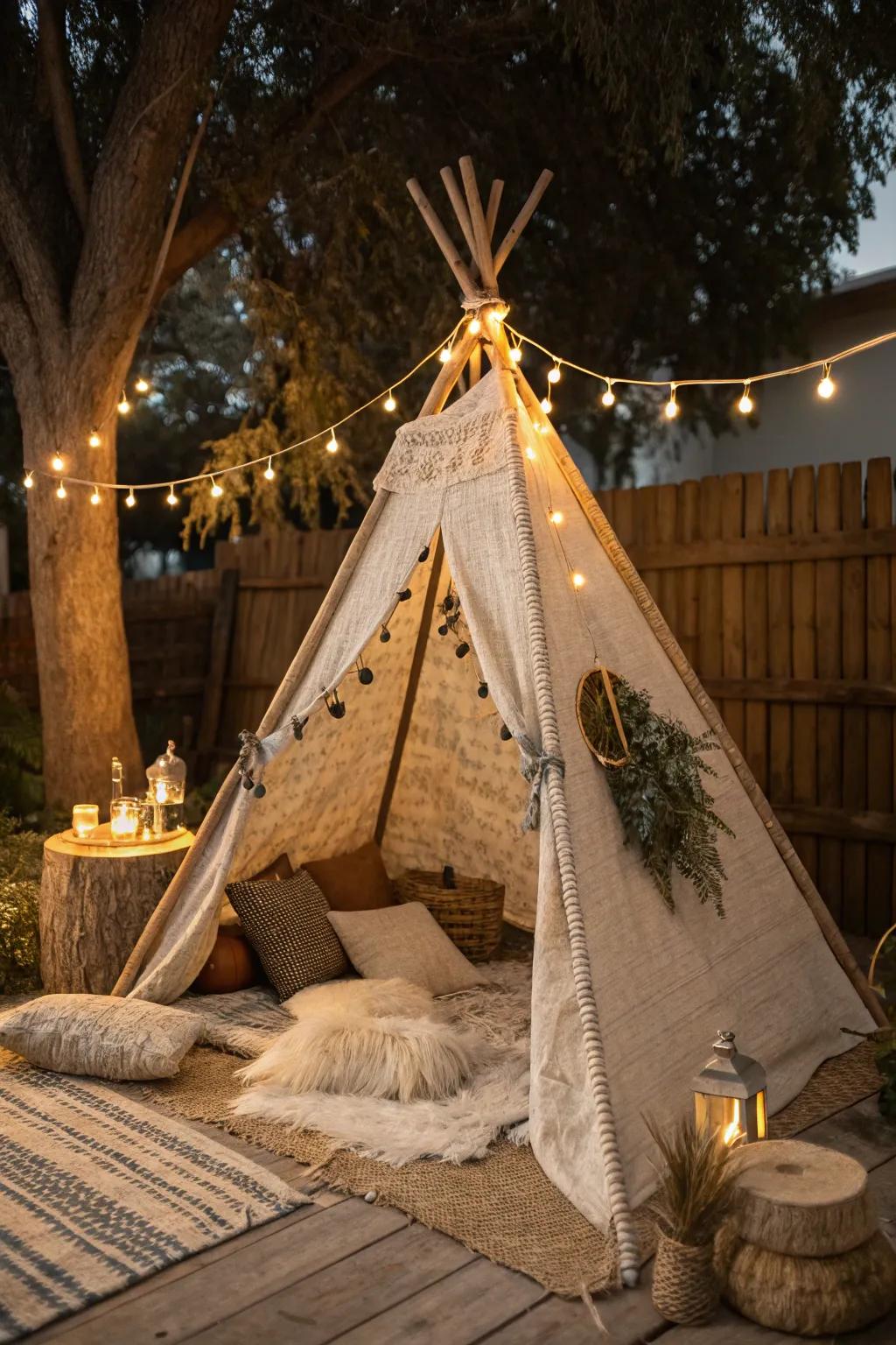 A rustic teepee brings the charm of the outdoors inside.