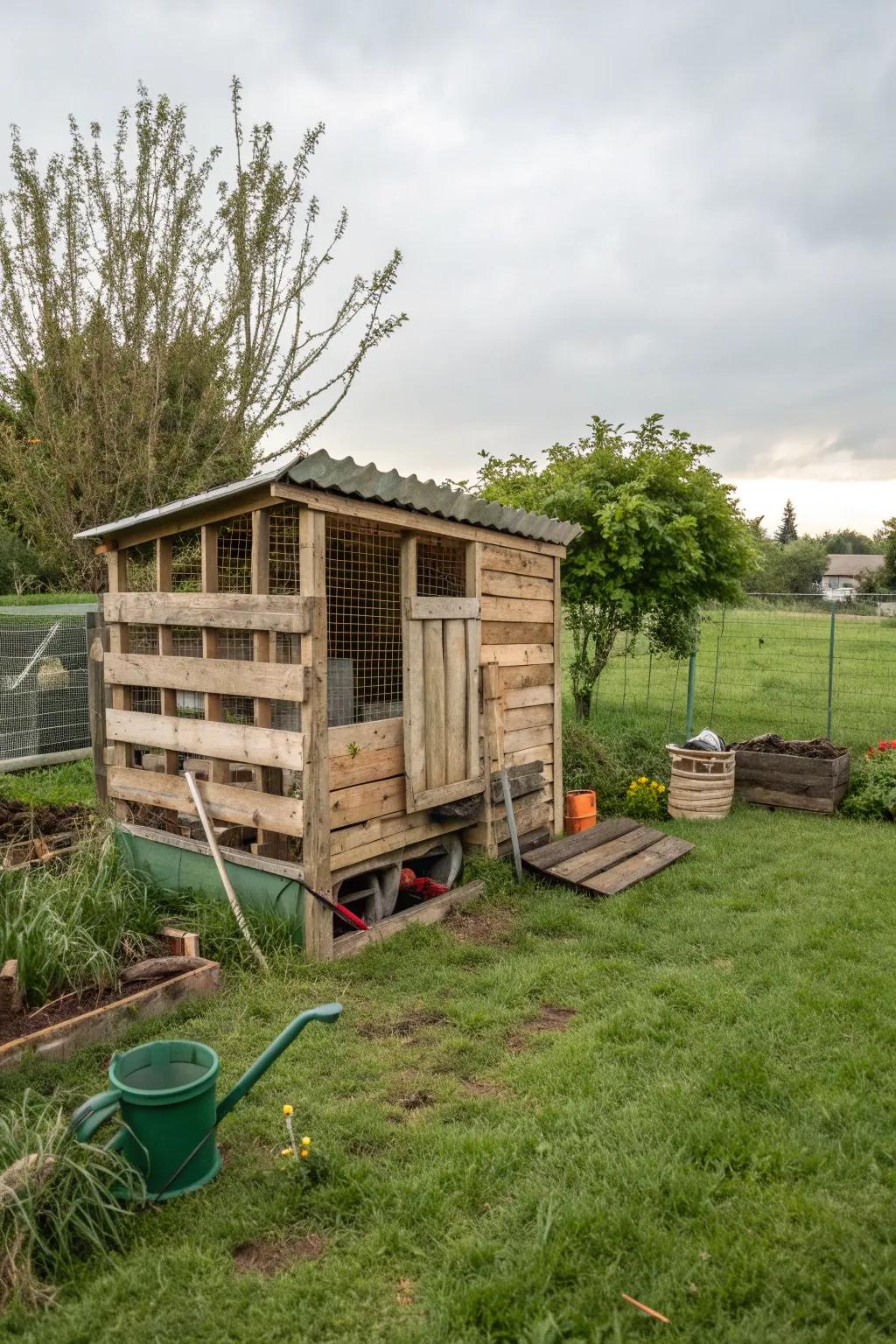 A rustic chicken coop crafted from reclaimed pallets, blending into the garden.