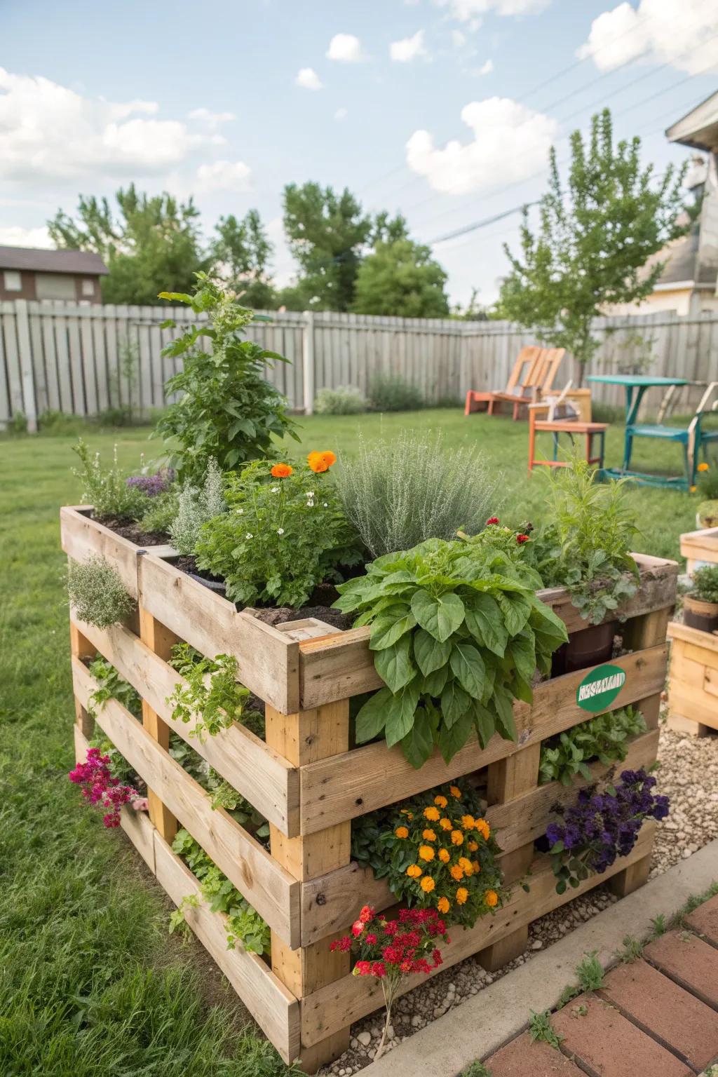 Repurposed pallets make for charming and cost-effective garden solutions.
