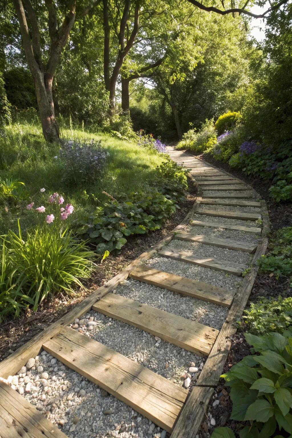 Gravel and wood create a stable and stylish temporary path.